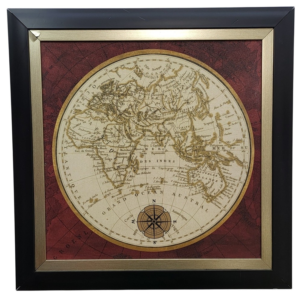 Interiors by Design Vintage World Map Framed Wall Art Black Gold 22.5in Square*